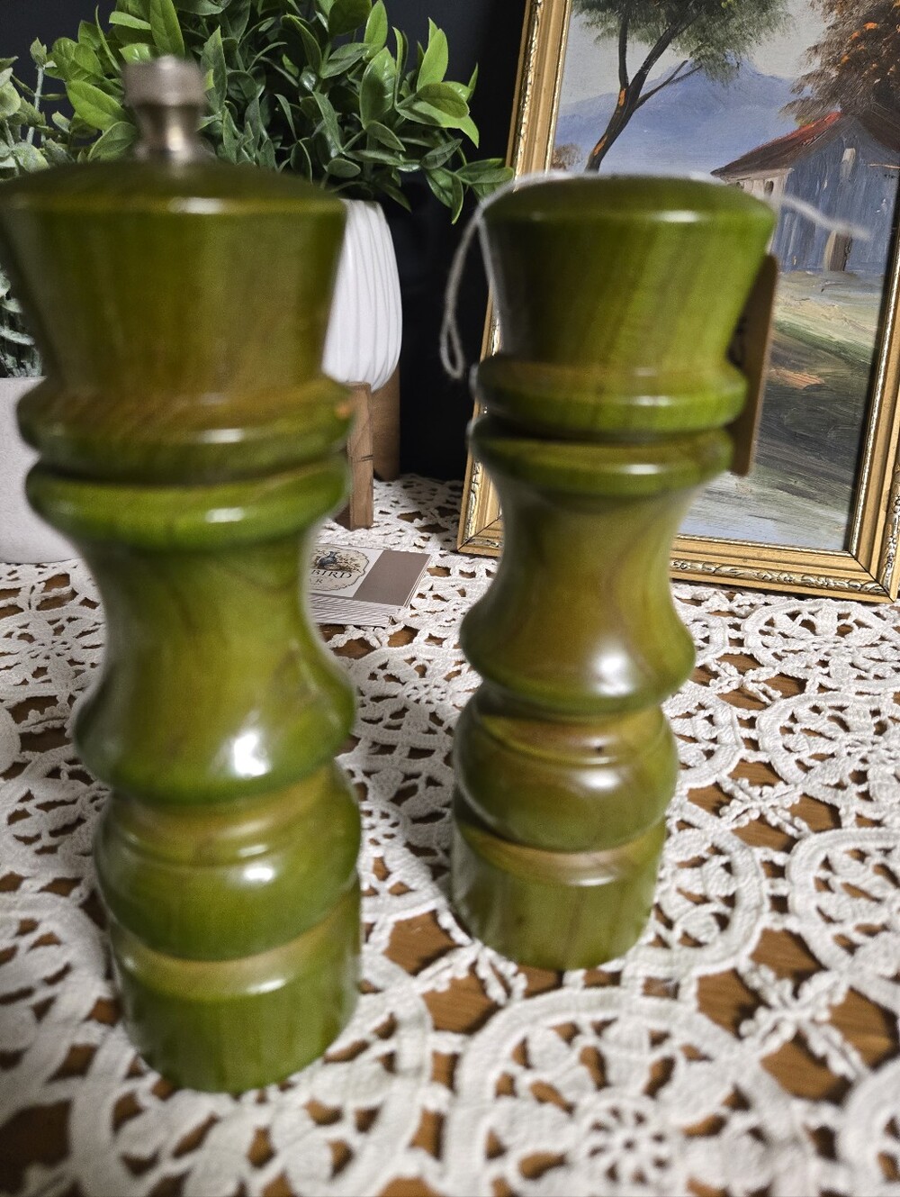 Vintage Avocado Green Wooden Salt & Pepper Set